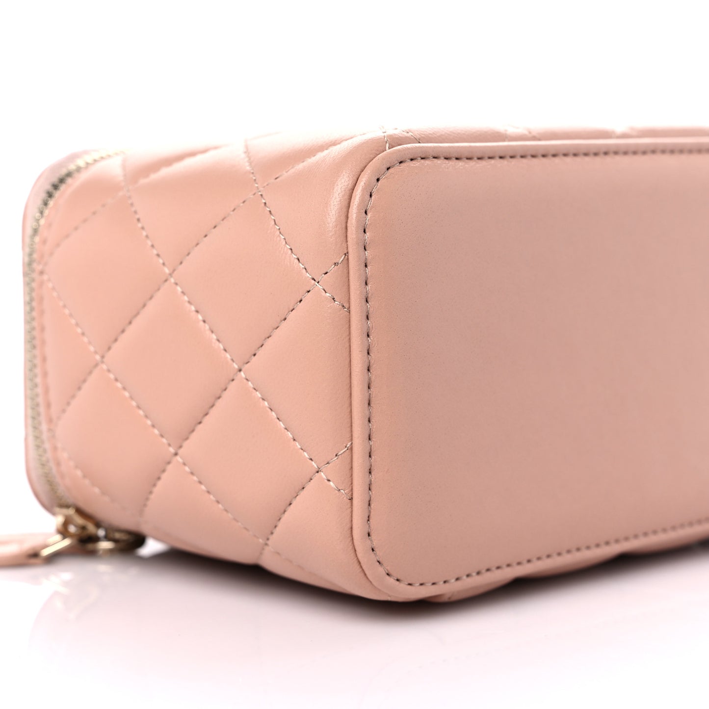 Lambskin Quilted Small Top Handle Vanity Case With Chain Beige