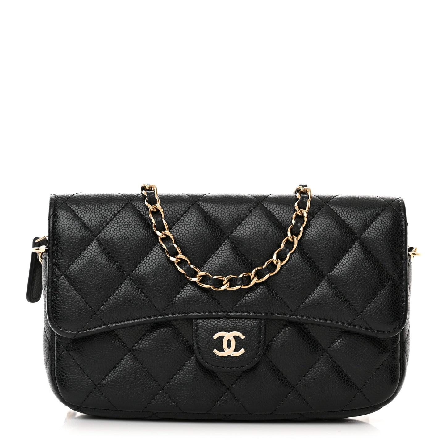 Caviar Quilted Flap Phone Holder With Chain Black