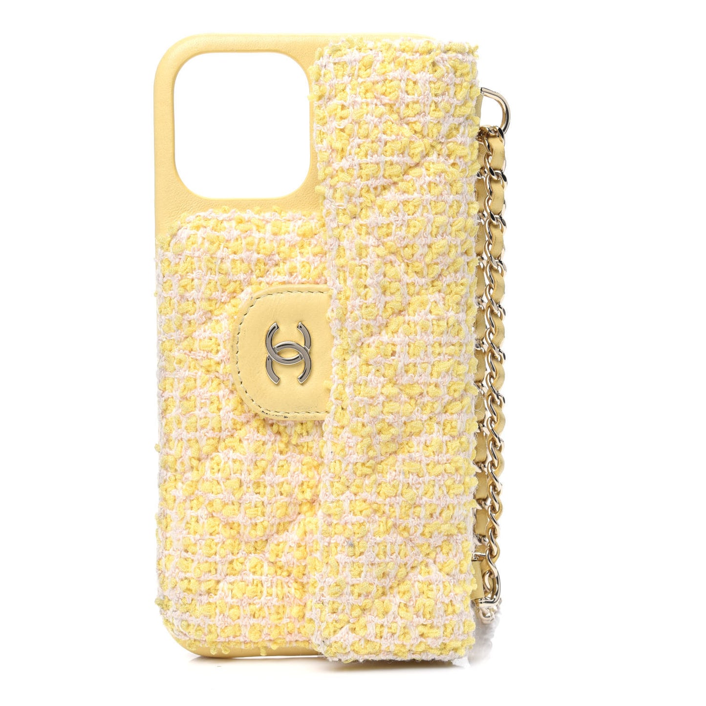 Tweed Quilted iPhone XII Pro Max Case With Chain Yellow Pink