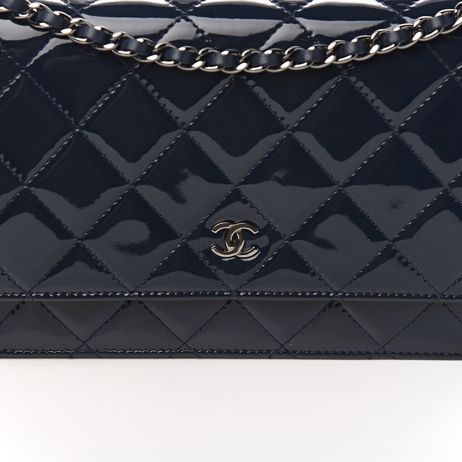 Chanel Patent Quilted Wallet On Chain WOC Navy Blue 9 of 9