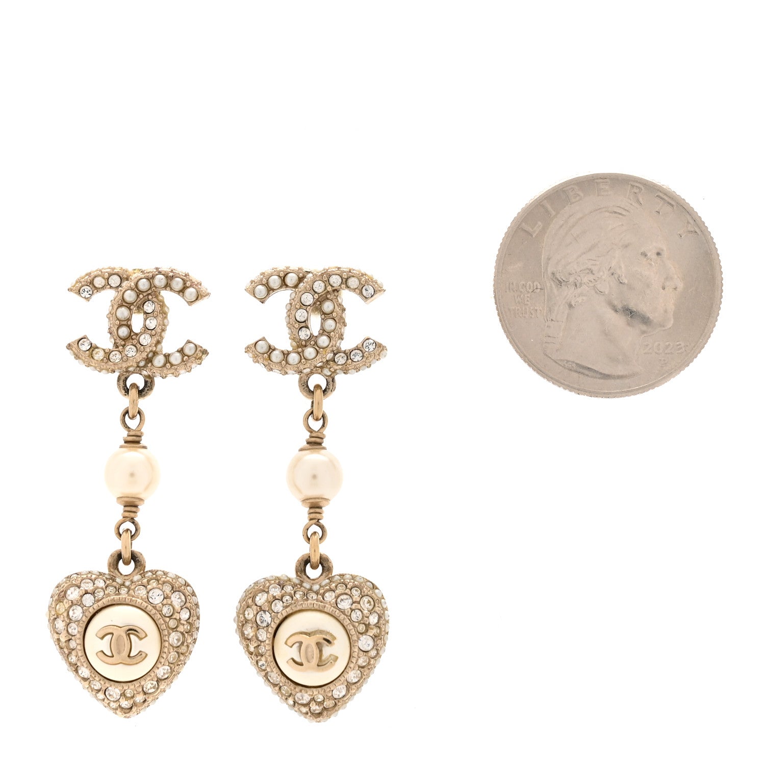 Chanel Pearl Crystal CC Heart Drop Earrings Gold White 2 of 5