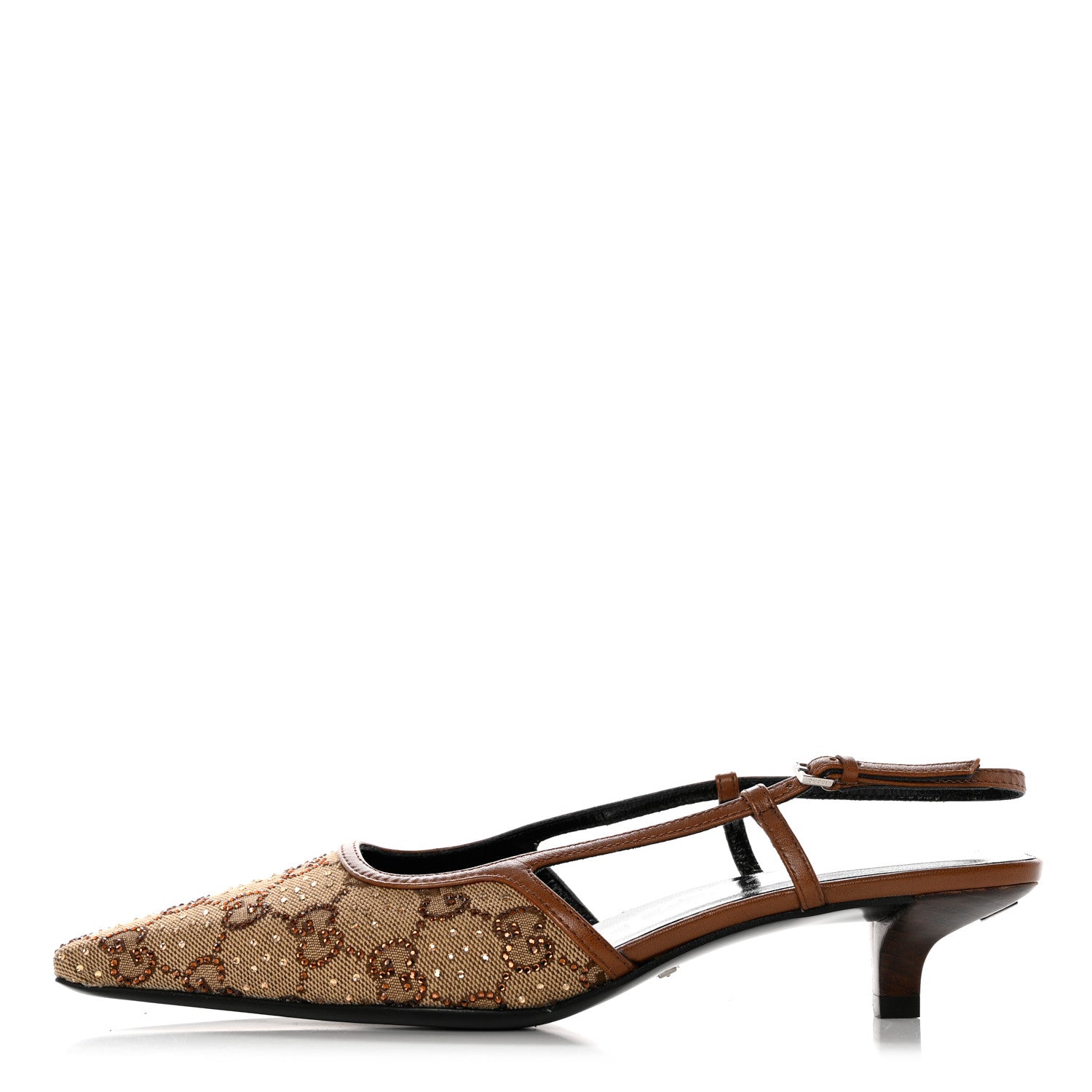 Gucci GG Monogram Malaga Kid Crystal Square G 35mm Slingback Pumps 37 Camel Ebony Cuir 1 of 9