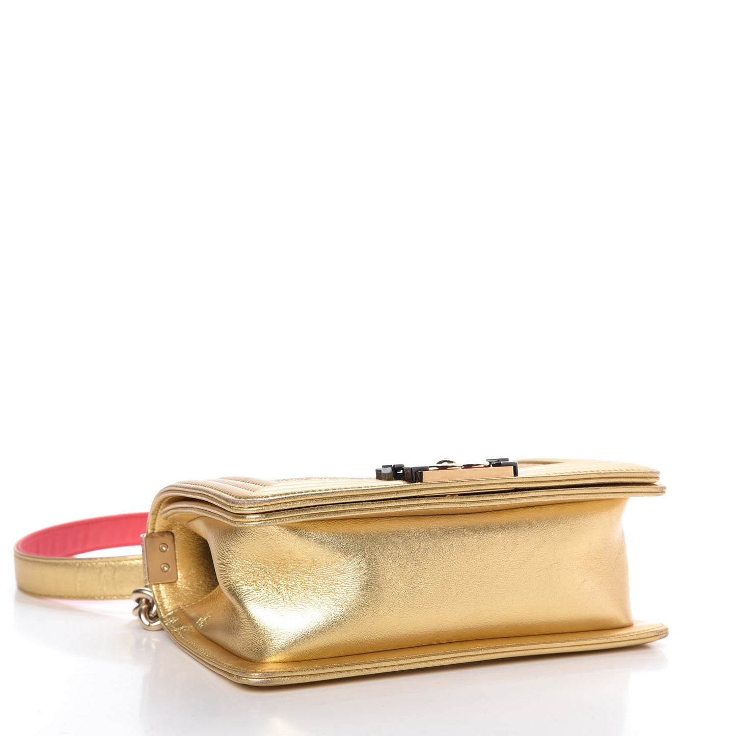 Metallic Lambskin Embossed Small Cube Boy Flap Gold