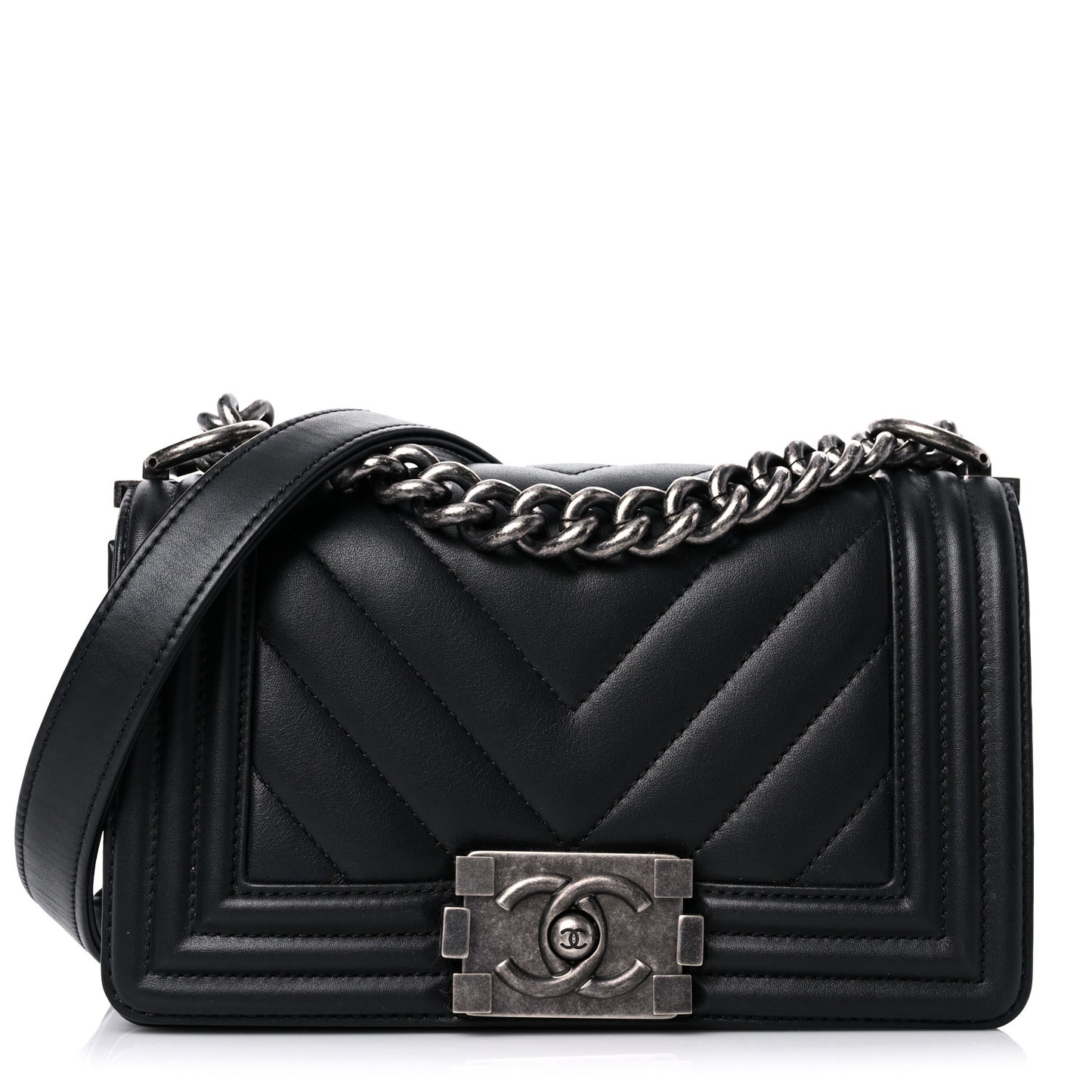 Calfskin Chevron Quilted Small Boy Flap Black