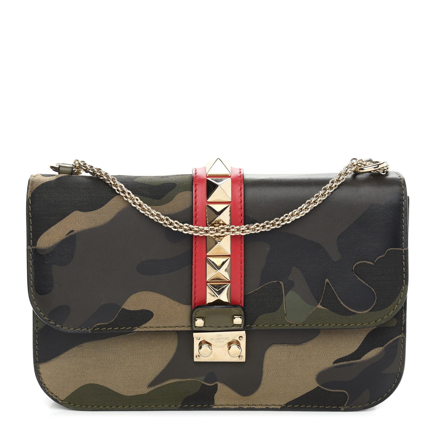 Valentino Garavani Nappa Canvas Camouflage Medium Glam Lock Rockstud Flap Verde 1 of 10