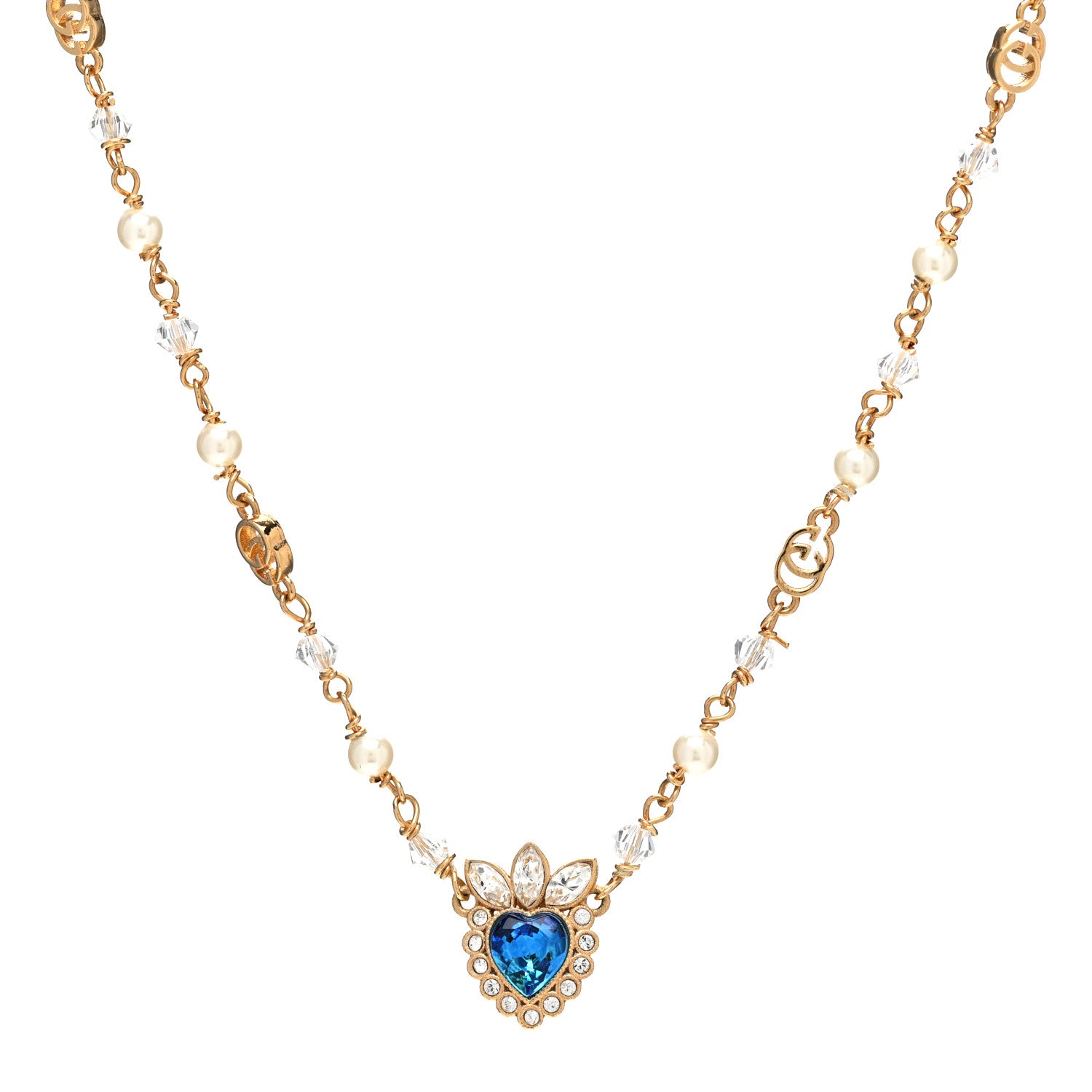 Gucci Metal Crystal Pearl Heart Necklace Gold Blue 1 of 6