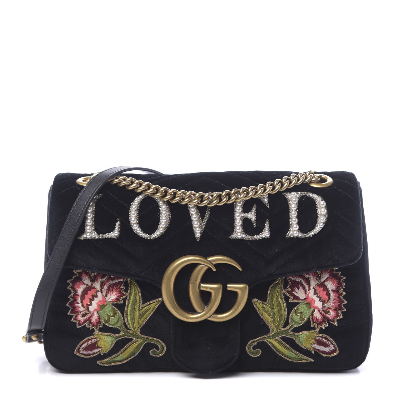 Gucci Velvet Matelasse Loved Embroidered Medium GG Marmont Shoulder Bag Black 1 of 10
