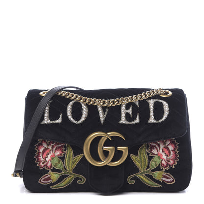 Gucci Velvet Matelasse Loved Embroidered Medium GG Marmont Shoulder Bag Black 1 of 10