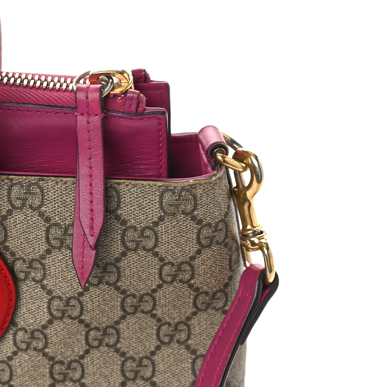 Gucci GG Supreme Monogram Moon Calfskin Small Zip Top Tote Beige Ebony Hibiscus Red New Rosette 11 of 14