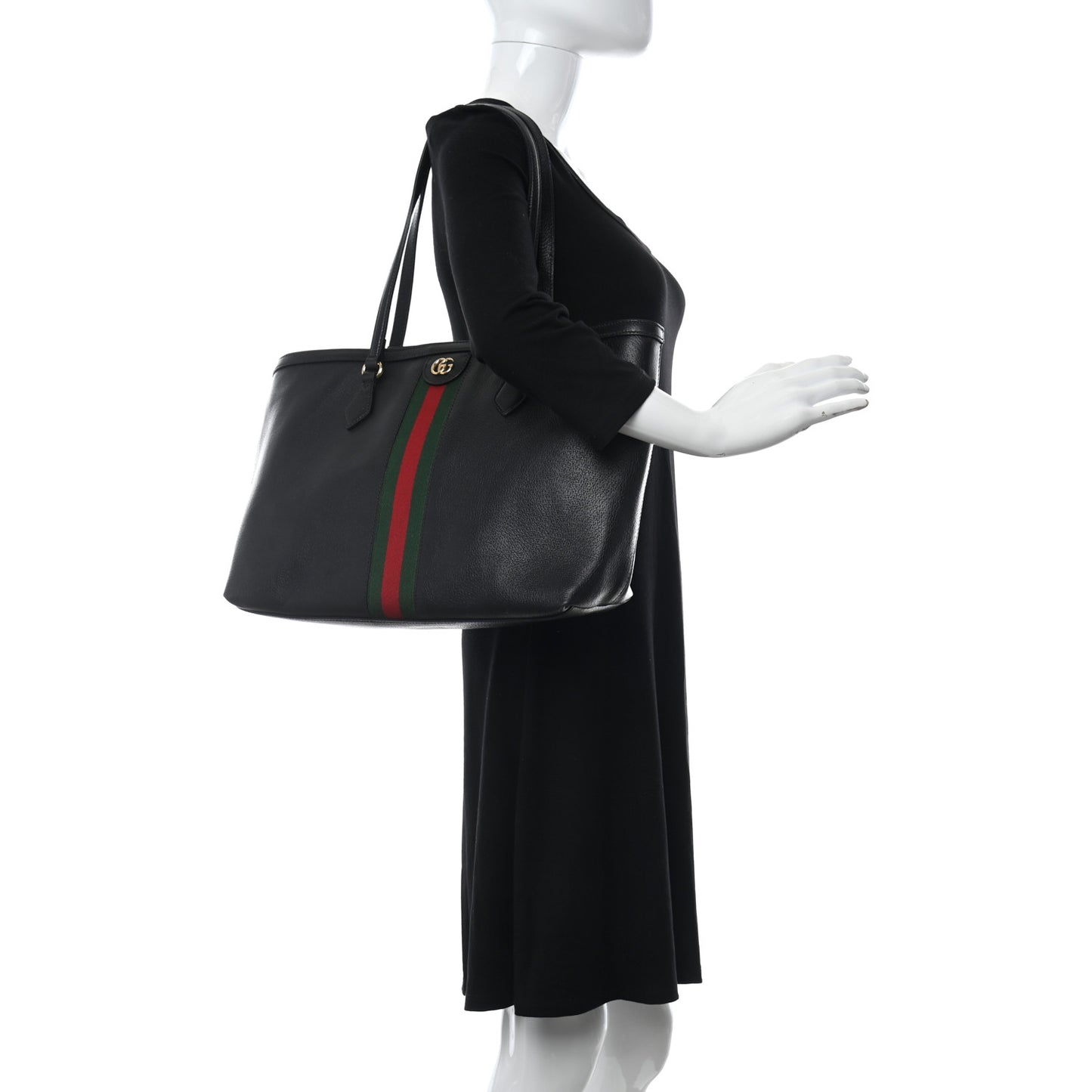 Textured Calfskin Web Medium Ophidia Shopping Tote Black