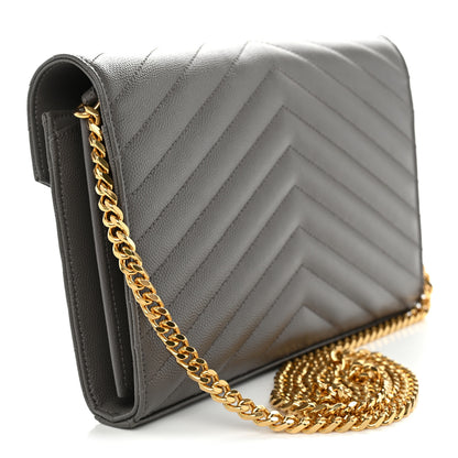 Saint Laurent Grain De Poudre Matelasse Chevron Monogram Chain Wallet Fog 3 of 11