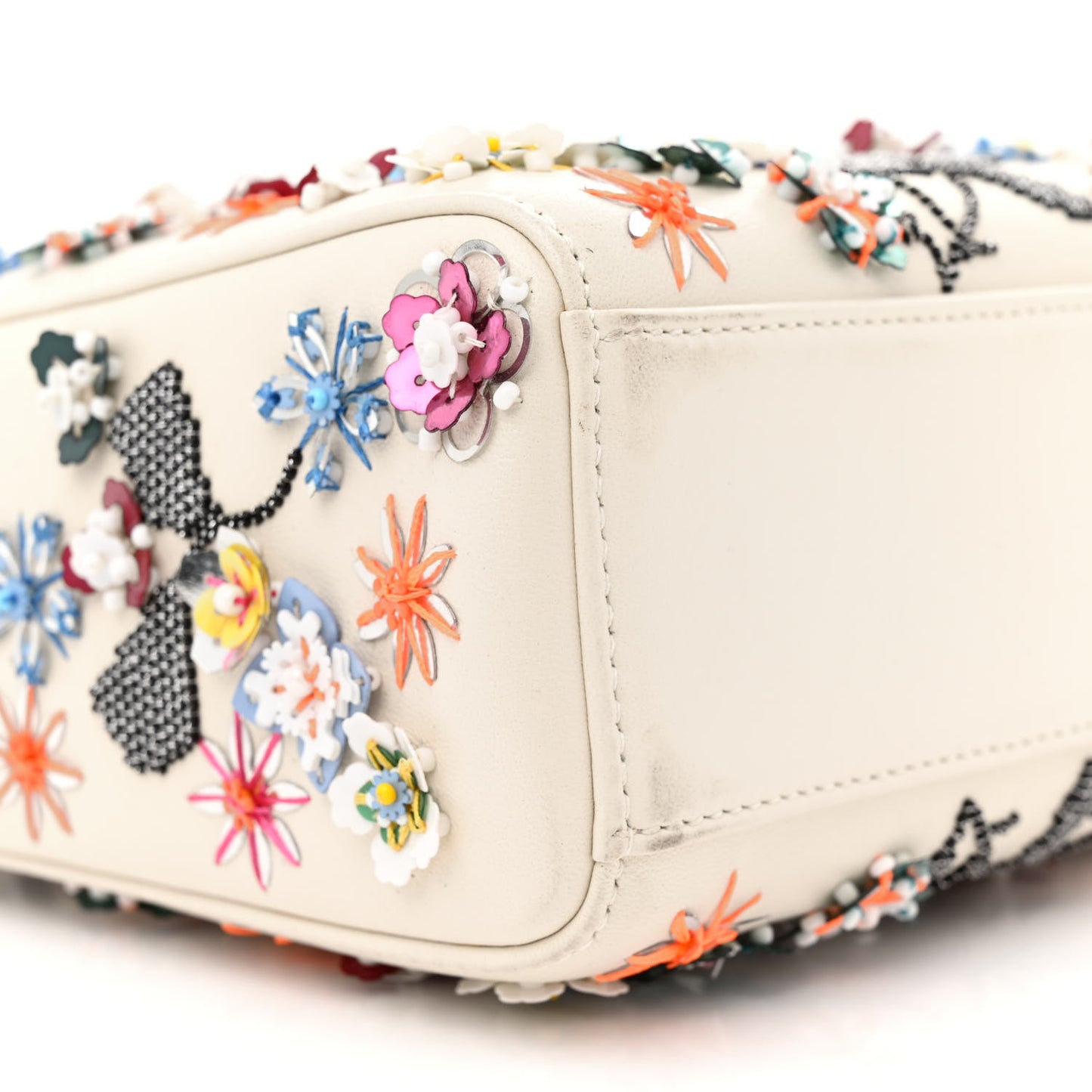 Calfskin Sequin Floral Embroidered Mini Lady Dior White Multicolor