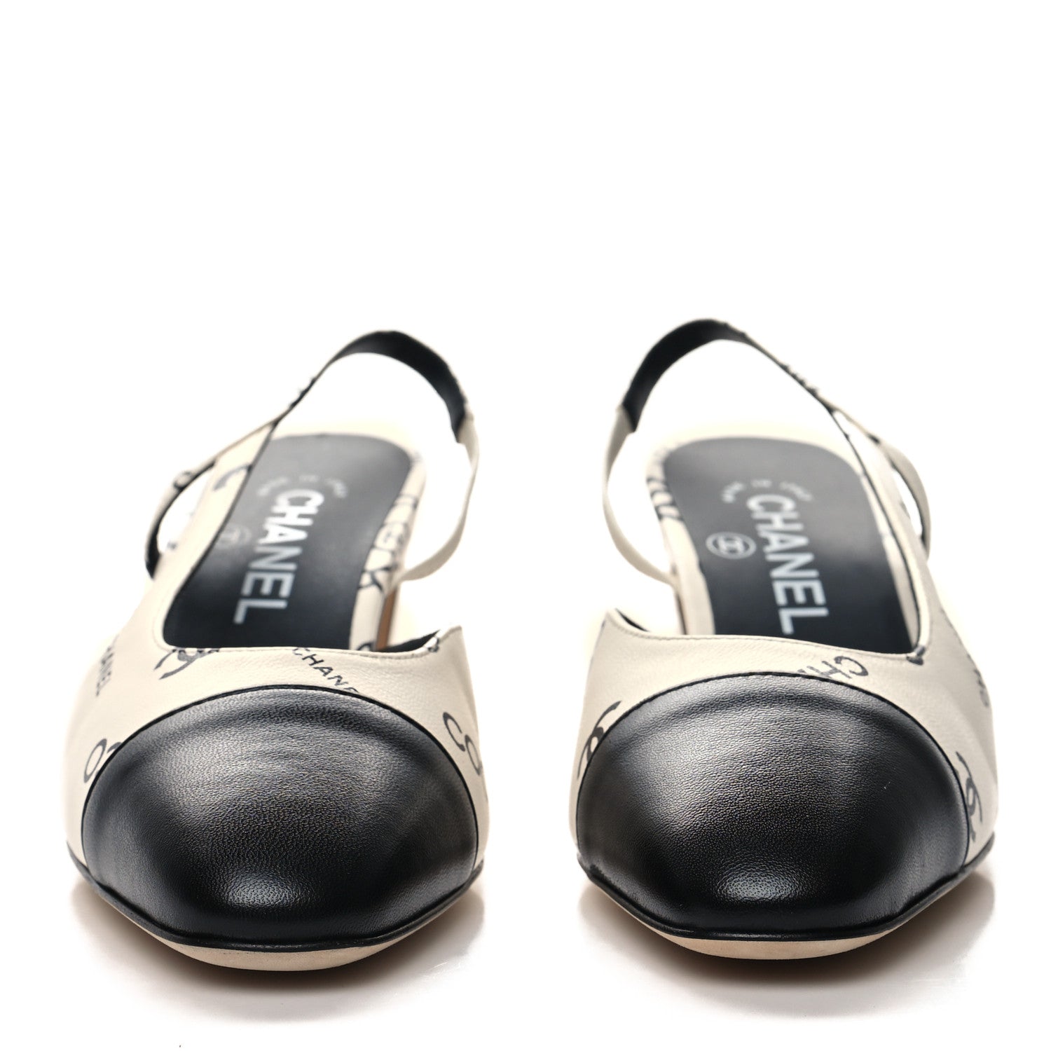 Chanel Printed Lambskin Cap Toe CC Slingback Pumps 37 Black White 2 of 8