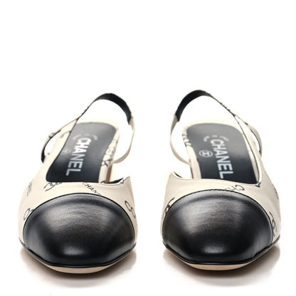 Chanel Printed Lambskin Cap Toe CC Slingback Pumps 37 Black White 2 of 8