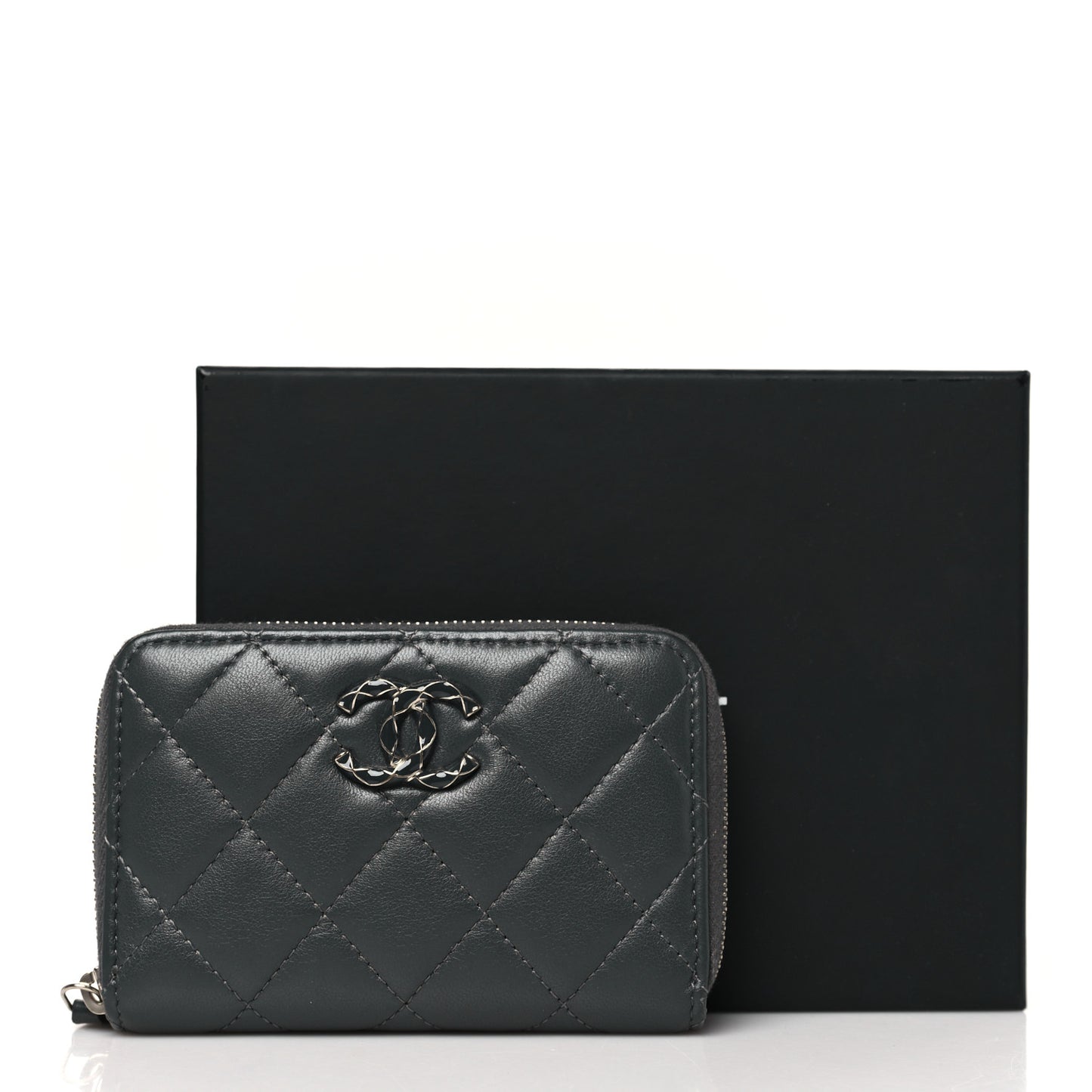 Lambskin Enamel Quilted Zip Around Coin Purse Wallet Grey