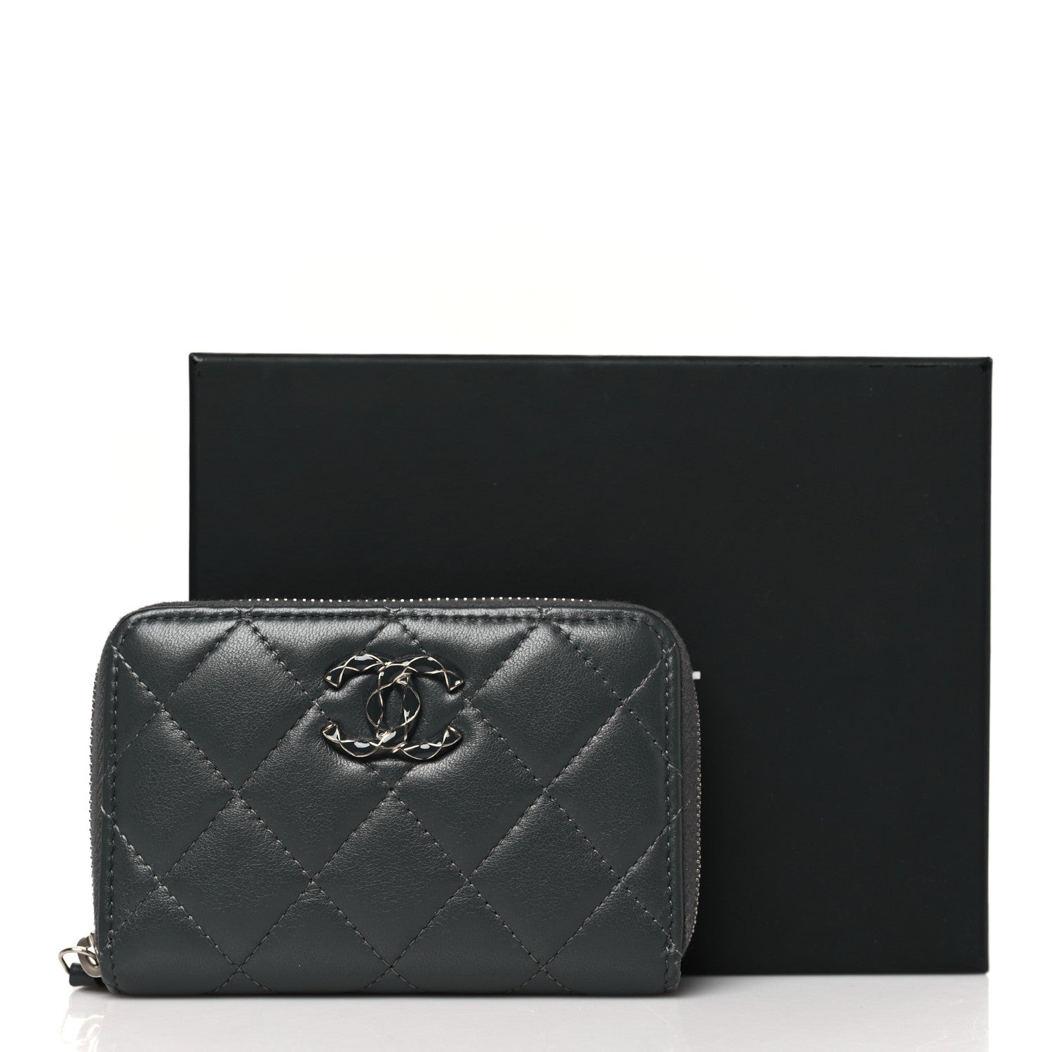 Chanel Lambskin Enamel Quilted Zip Around Coin Purse Wallet Grey 9 of 9