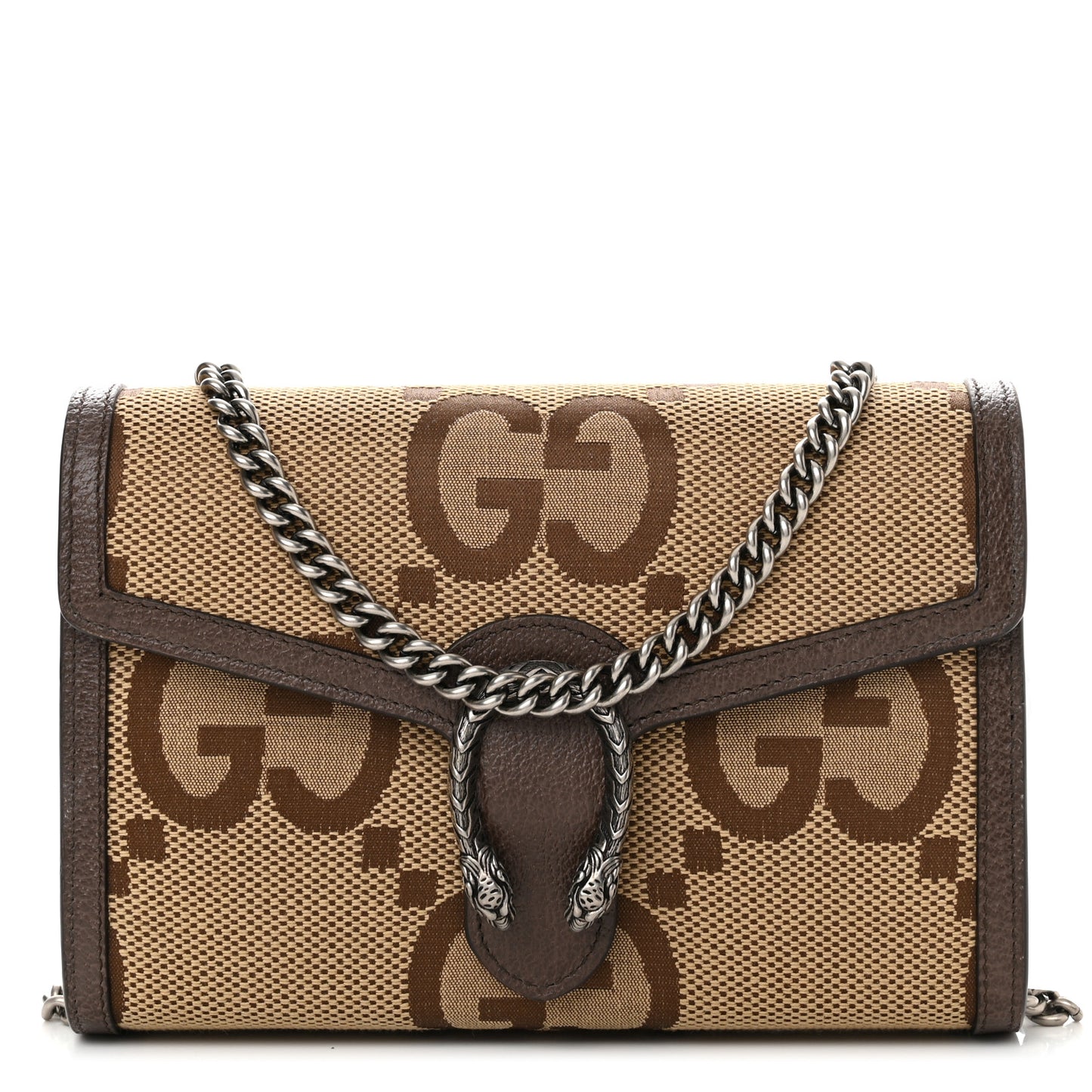 Monogram Jumbo GG Textured Dollar Calfskin Mini Dionysus Chain Wallet Camel Ebony New Acero