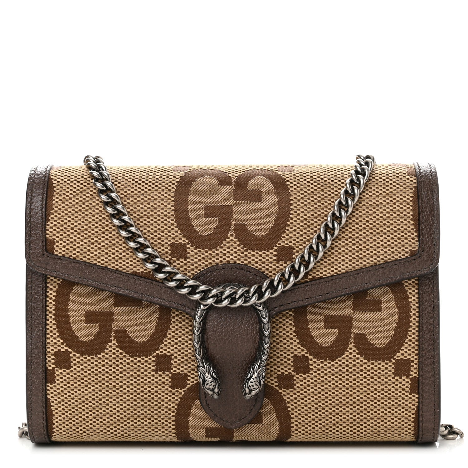 Gucci Monogram Jumbo GG Textured Dollar Calfskin Mini Dionysus Chain Wallet Camel Ebony New Acero 1 of 11