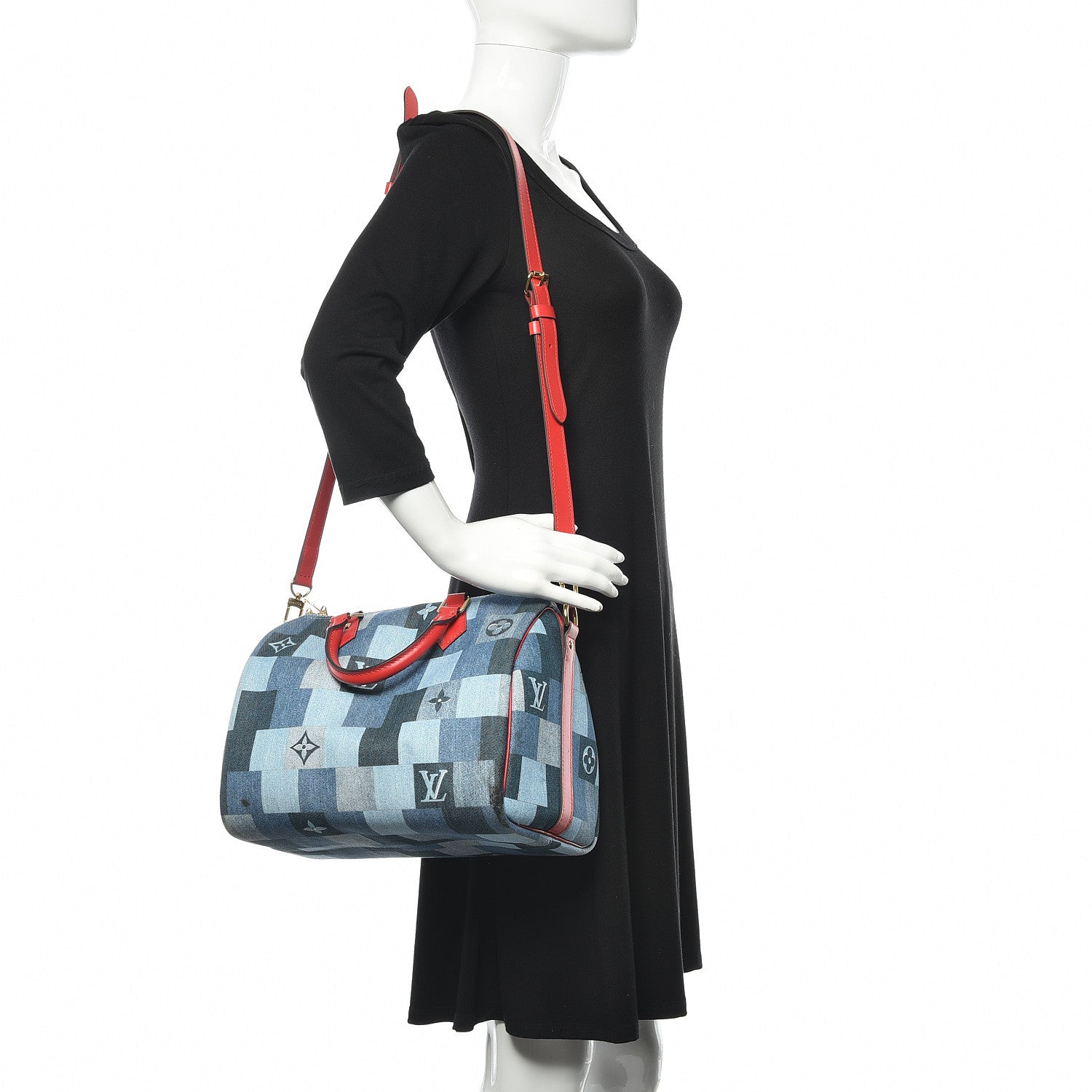 Louis Vuitton Denim Damier Monogram Patchwork Speedy Bandouliere 30 Blue Rouge 2 of 11