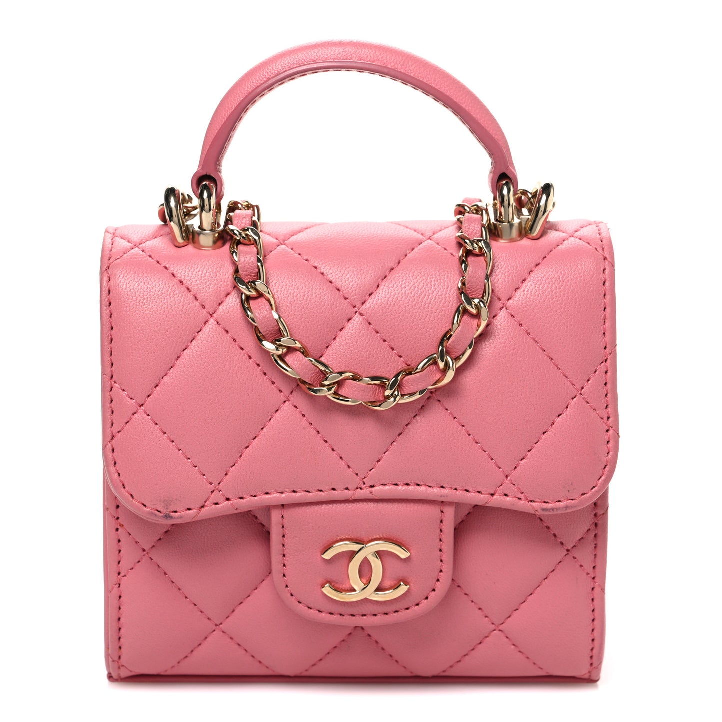 Lambskin Quilted Top Handle Clutch With Chain Pink