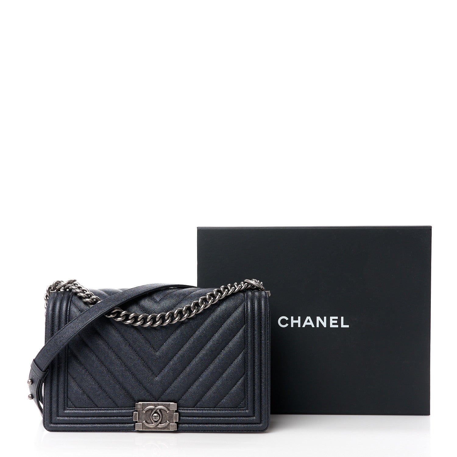 Chanel Caviar Chevron Quilted New Medium Boy Flap Dark Navy Blue 11 of 11