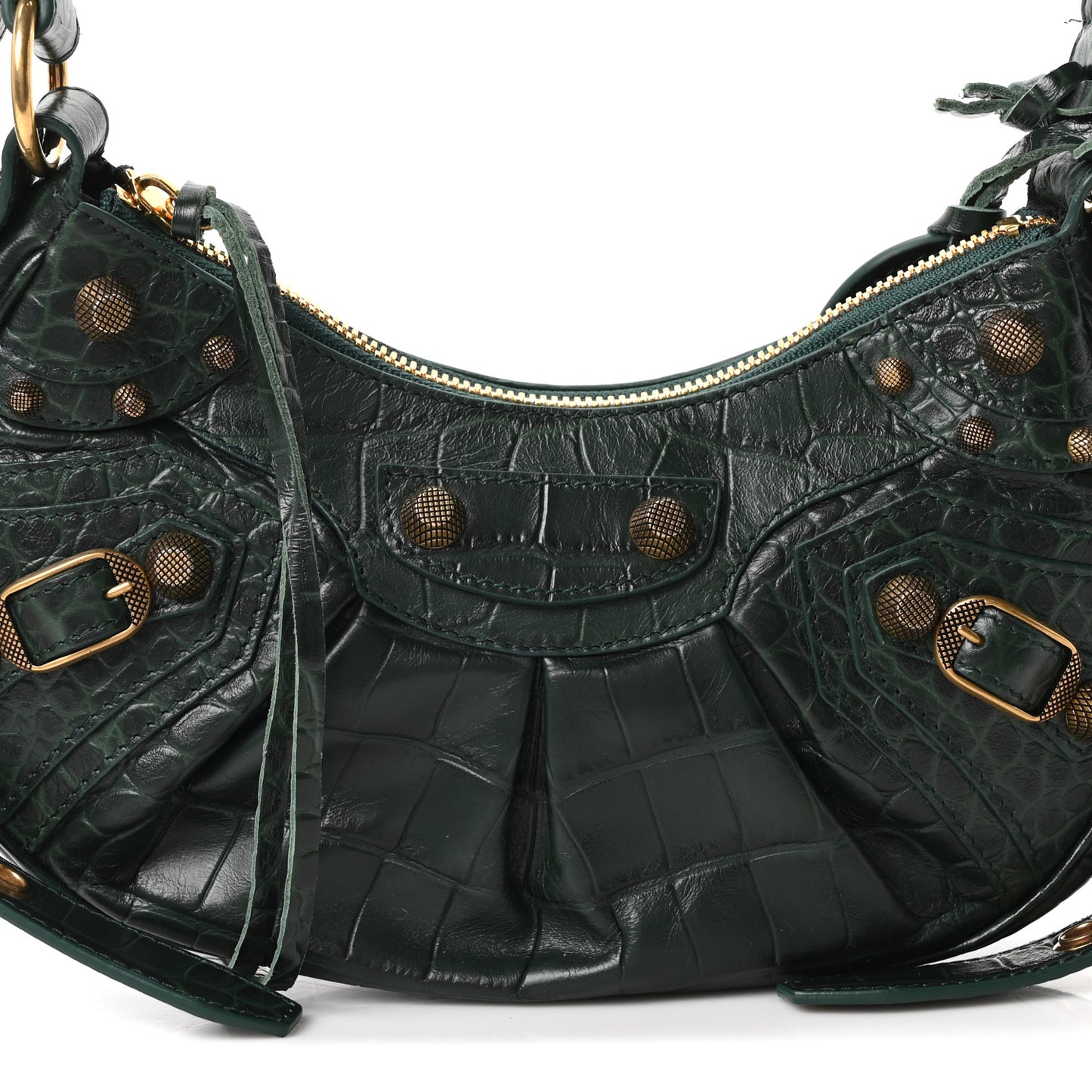 Extra Supple Calfskin Crocodile Embossed Le Cagole Shoulder Bag XS Forest Green
