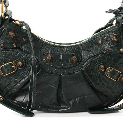 Balenciaga Extra Supple Calfskin Crocodile Embossed Le Cagole Shoulder Bag XS Forest Green 9 of 11