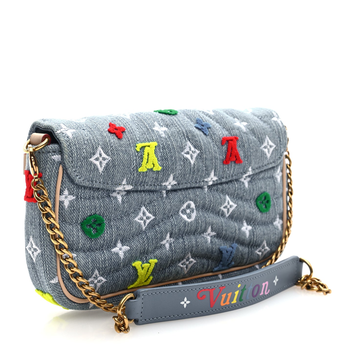 Embroidered Monogram Denim New Wave Chain Pochette Blue