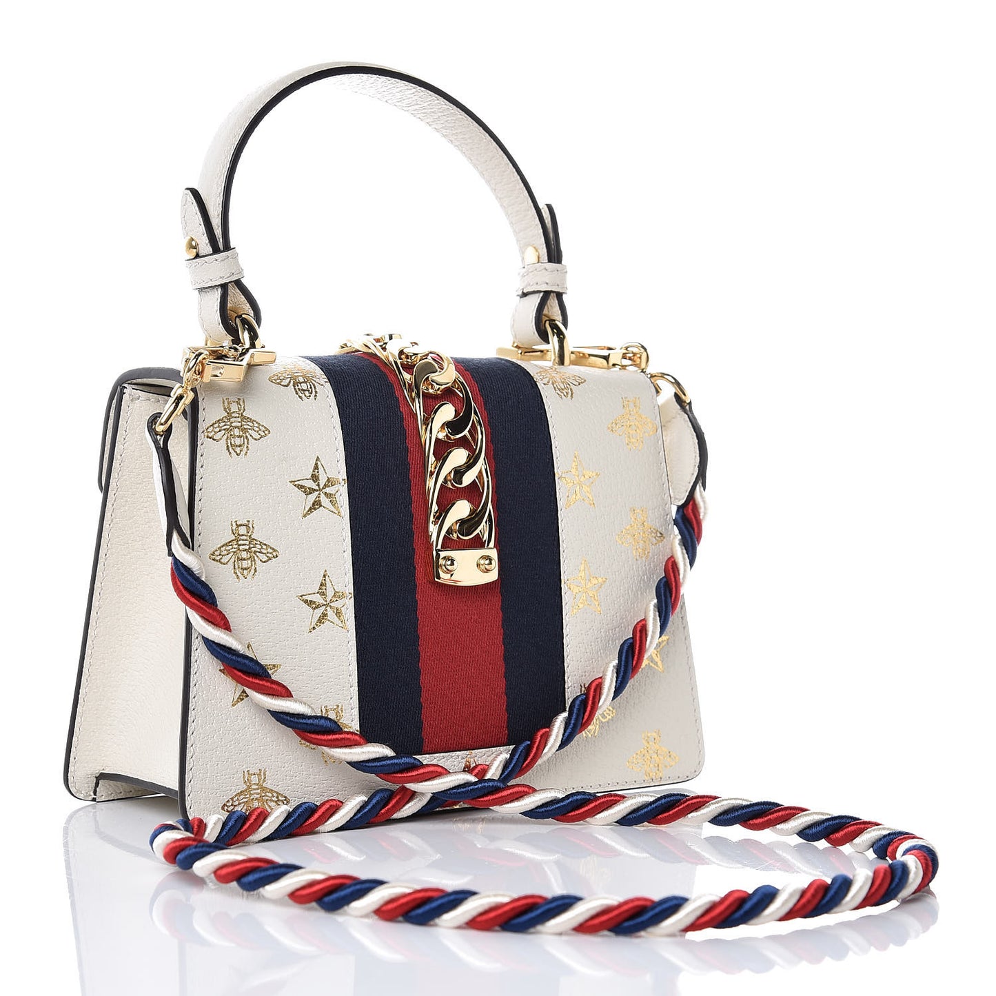 Textured Calfskin Bee Star Print Mini Sylvie Top Handle Bag Mystic White