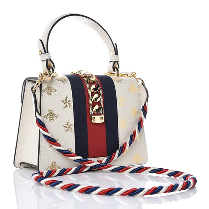 Gucci Textured Calfskin Bee Star Print Mini Sylvie Top Handle Bag Mystic White 3 of 8