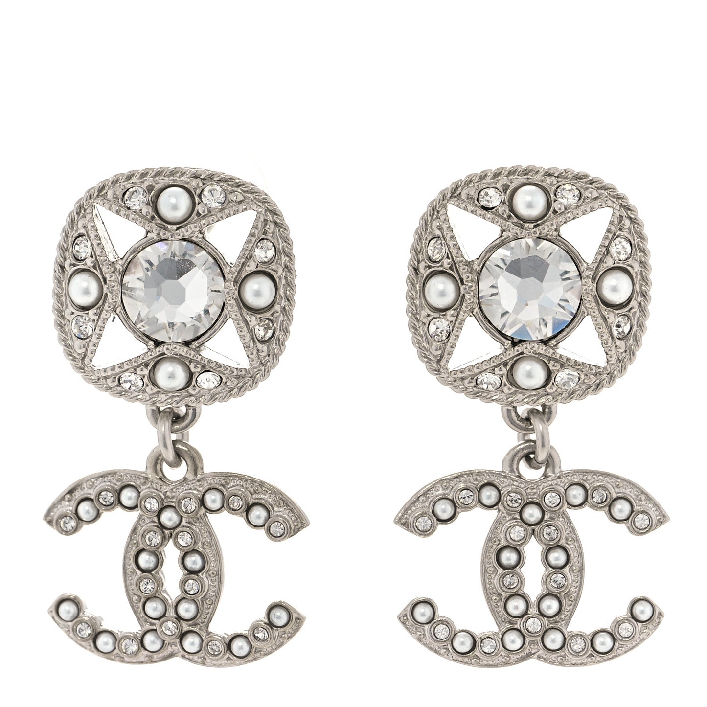 Crystal Pearl CC Drop Earrings Silver