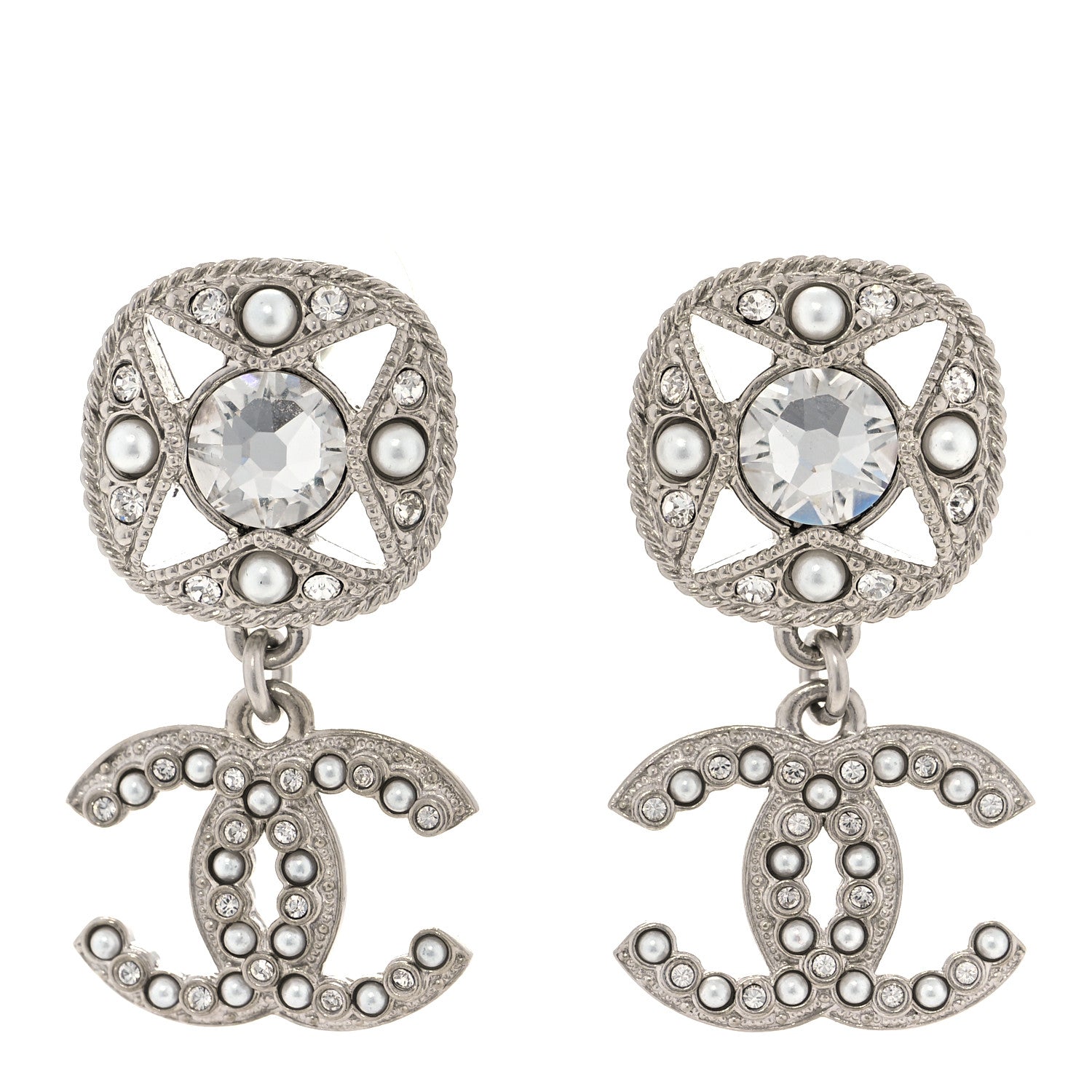 Chanel Crystal Pearl CC Drop Earrings Silver 1 of 5