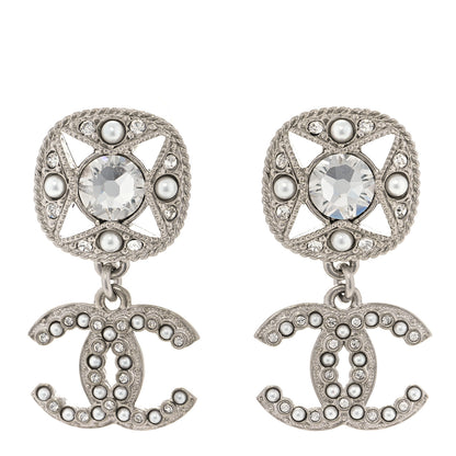 Chanel Crystal Pearl CC Drop Earrings Silver 1 of 5