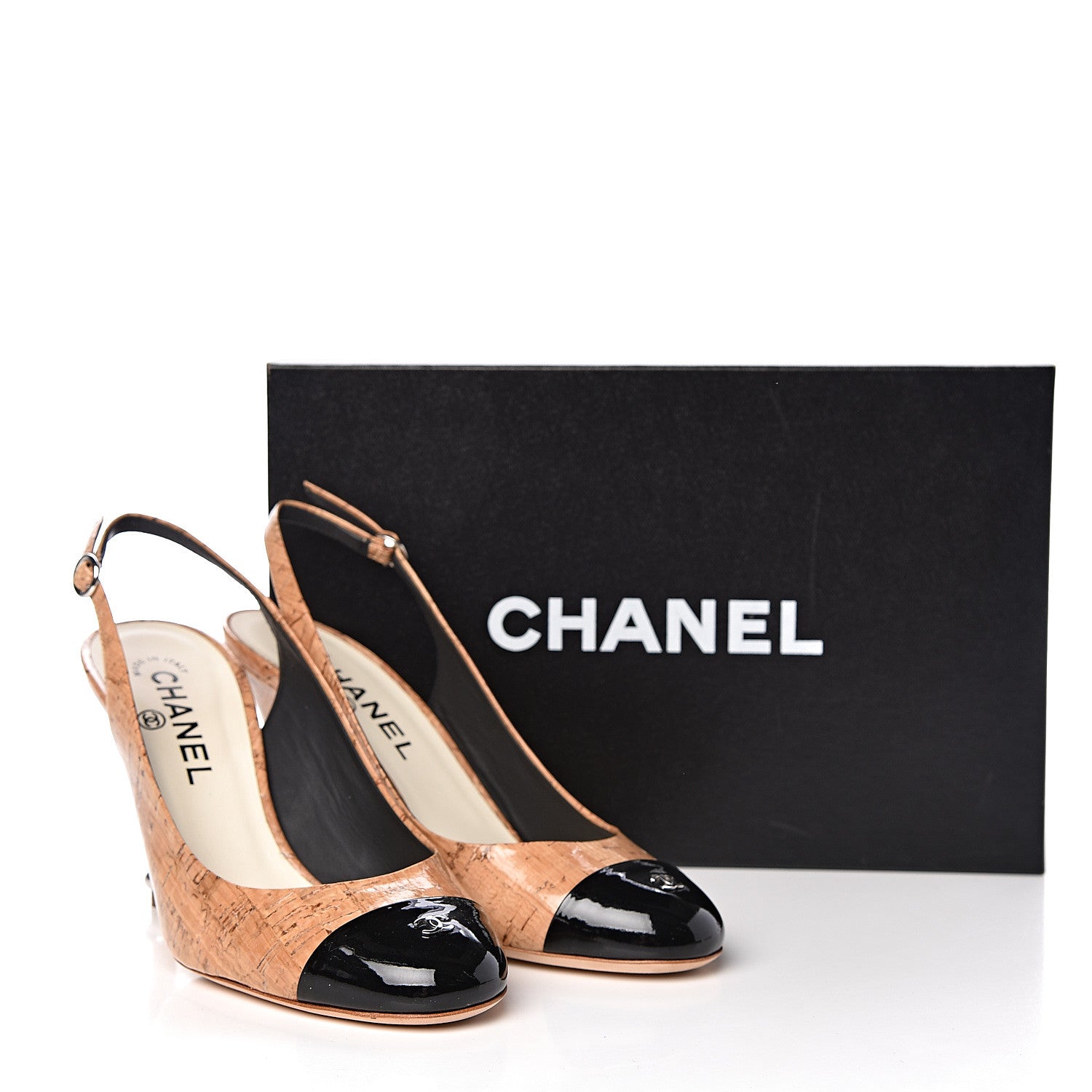 Chanel Patent Cork Cap Toe CC Slingbacks 38 Beige 13 of 13