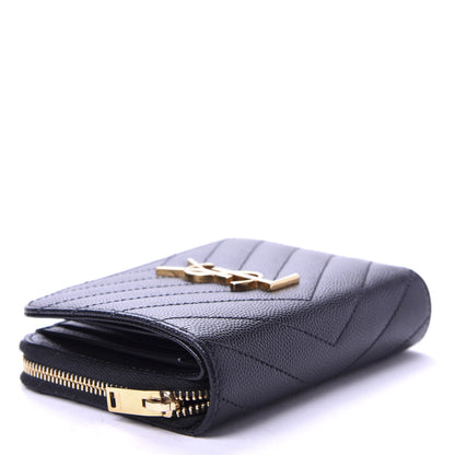 Saint Laurent Grain De Poudre Matelasse Chevron Monogram Compact Zip Around Wallet Black 4 of 8