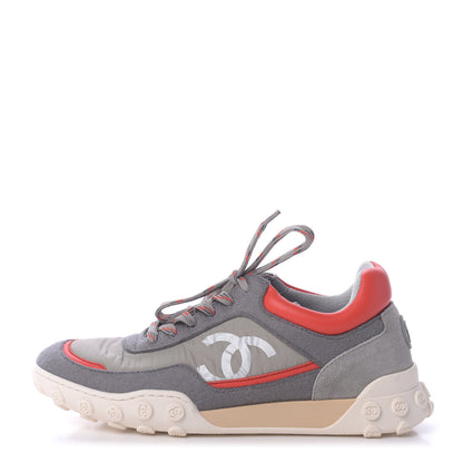 Chanel Nylon Calfskin Suede Womens CC Sneakers 36 Grey Red 1 of 10
