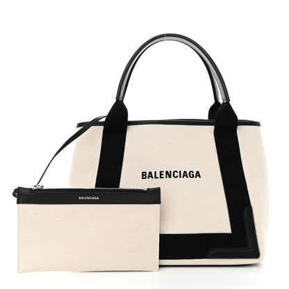 Balenciaga Cotton Canvas Satin Calfskin S Navy Cabas Natural Black 3 of 11