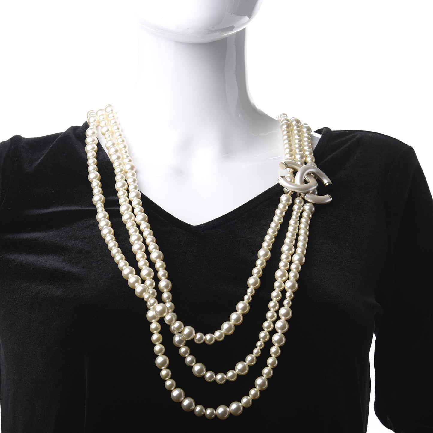 Pearl CC Multi Strand Long Necklace Light Gold