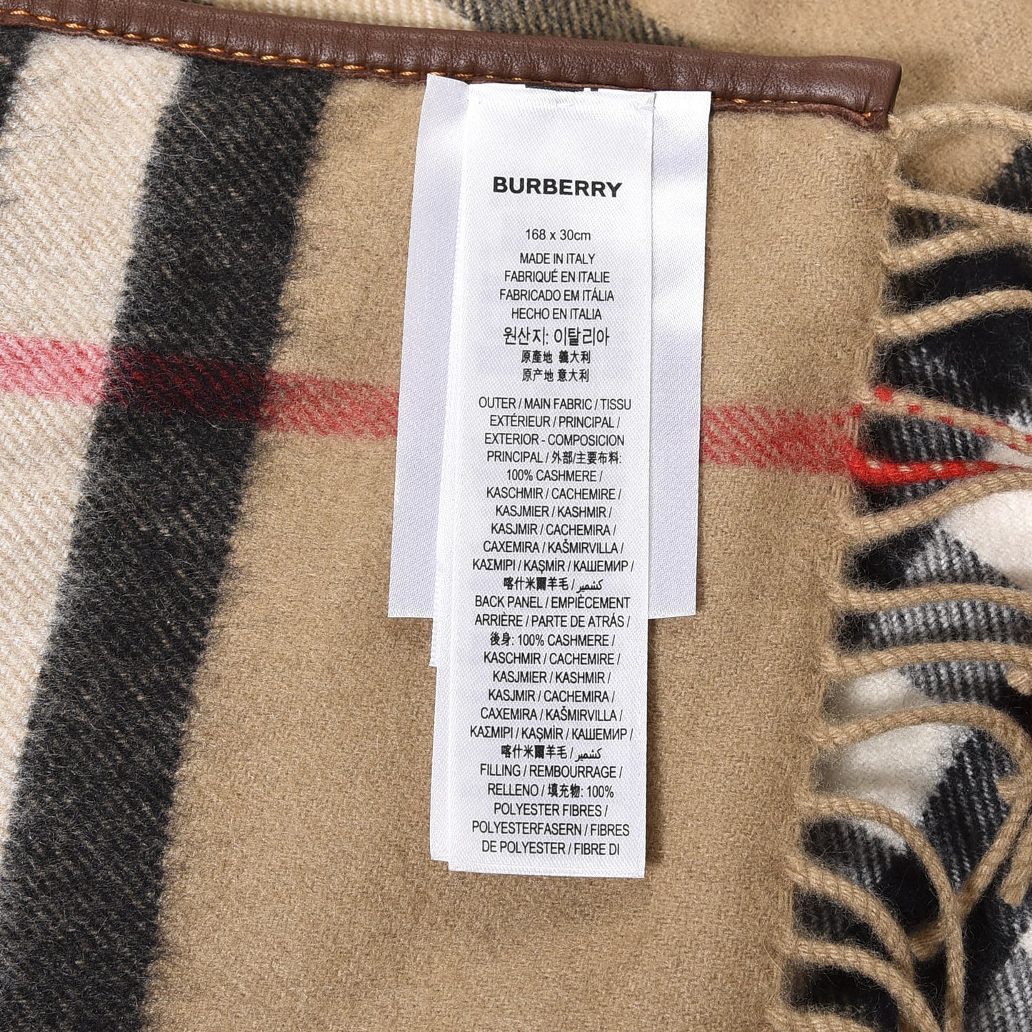 Cashmere Lambskin Trimmed Vintage Check Fringe Scarf Beige