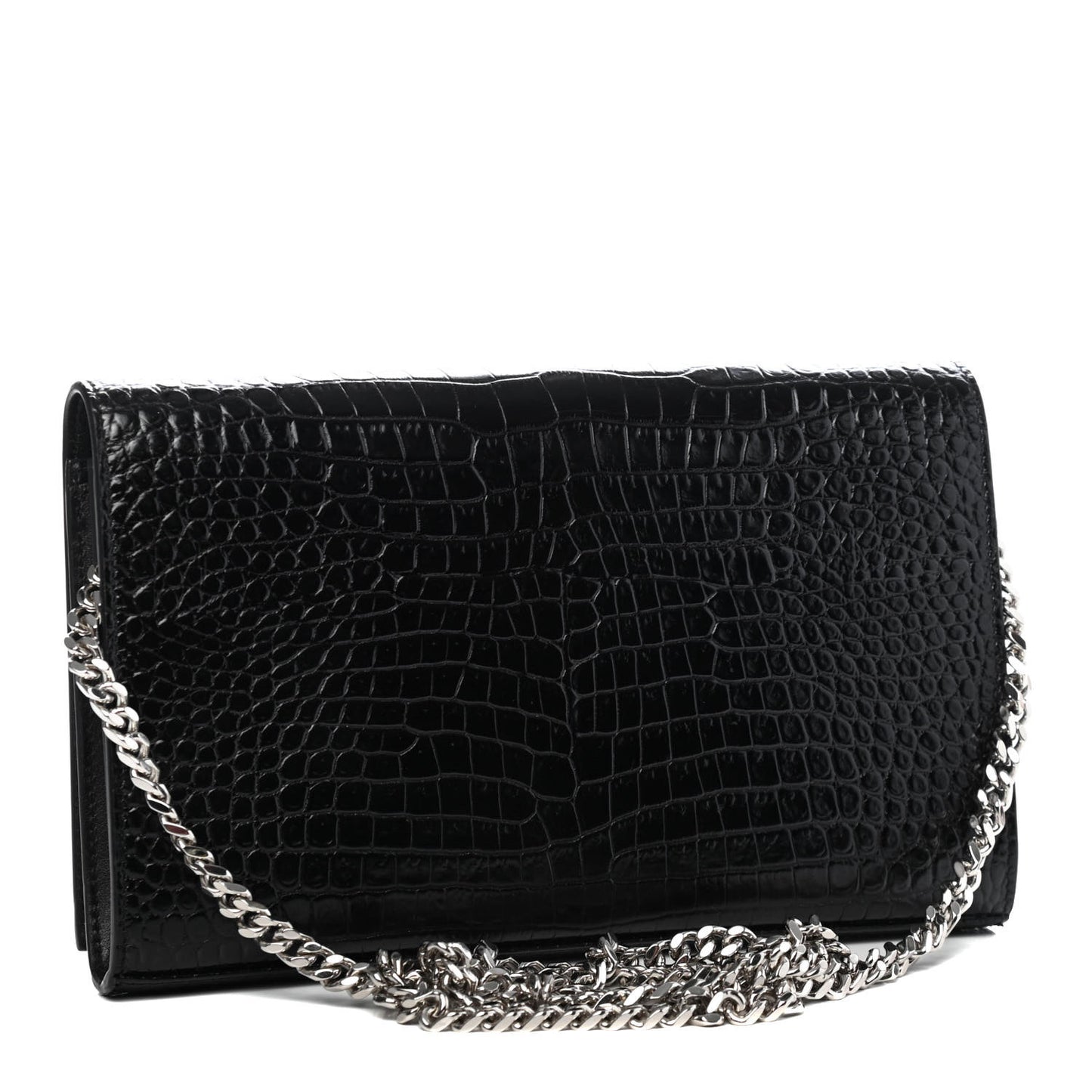 Calfskin Crocodile Embossed Monogram Chain Wallet Black