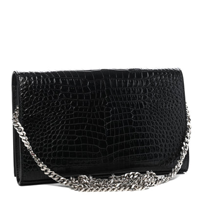 Saint Laurent Calfskin Crocodile Embossed Monogram Chain Wallet Black 2 of 4