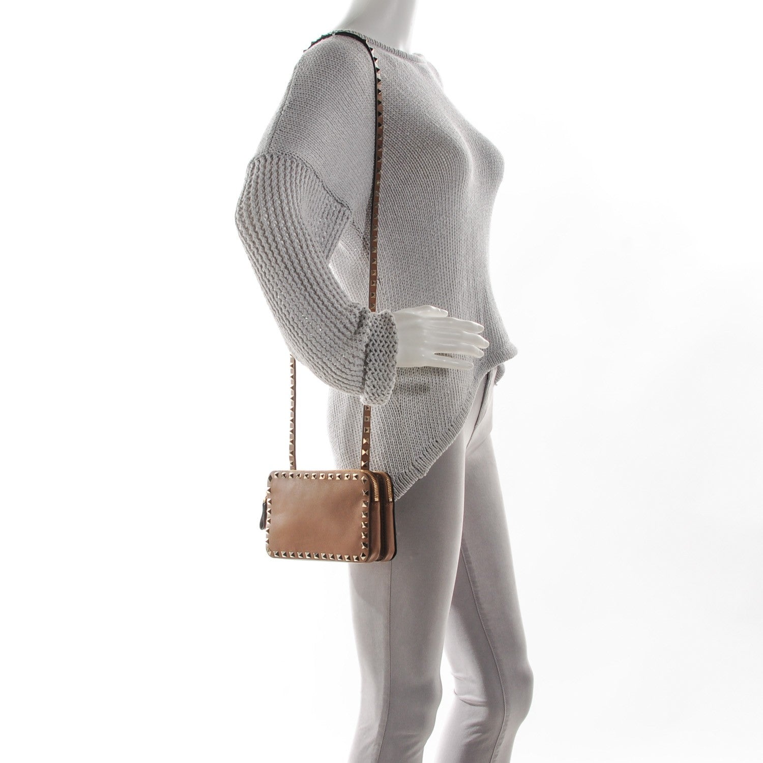 Valentino Garavani Vitello Rockstud Double Zip Compartment Crossbody Bag Nocciola 2 of 9