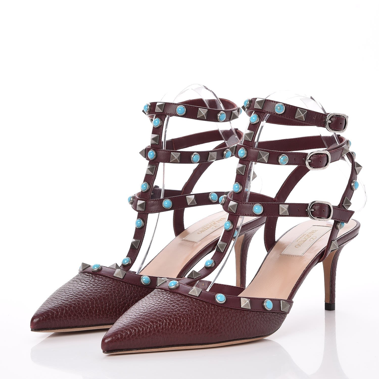 Valentino Garavani Pebbled Calfskin Turquoise Rockstud Rolling Ankle Strap 65mm Pumps 39 Rubin 3 of 8