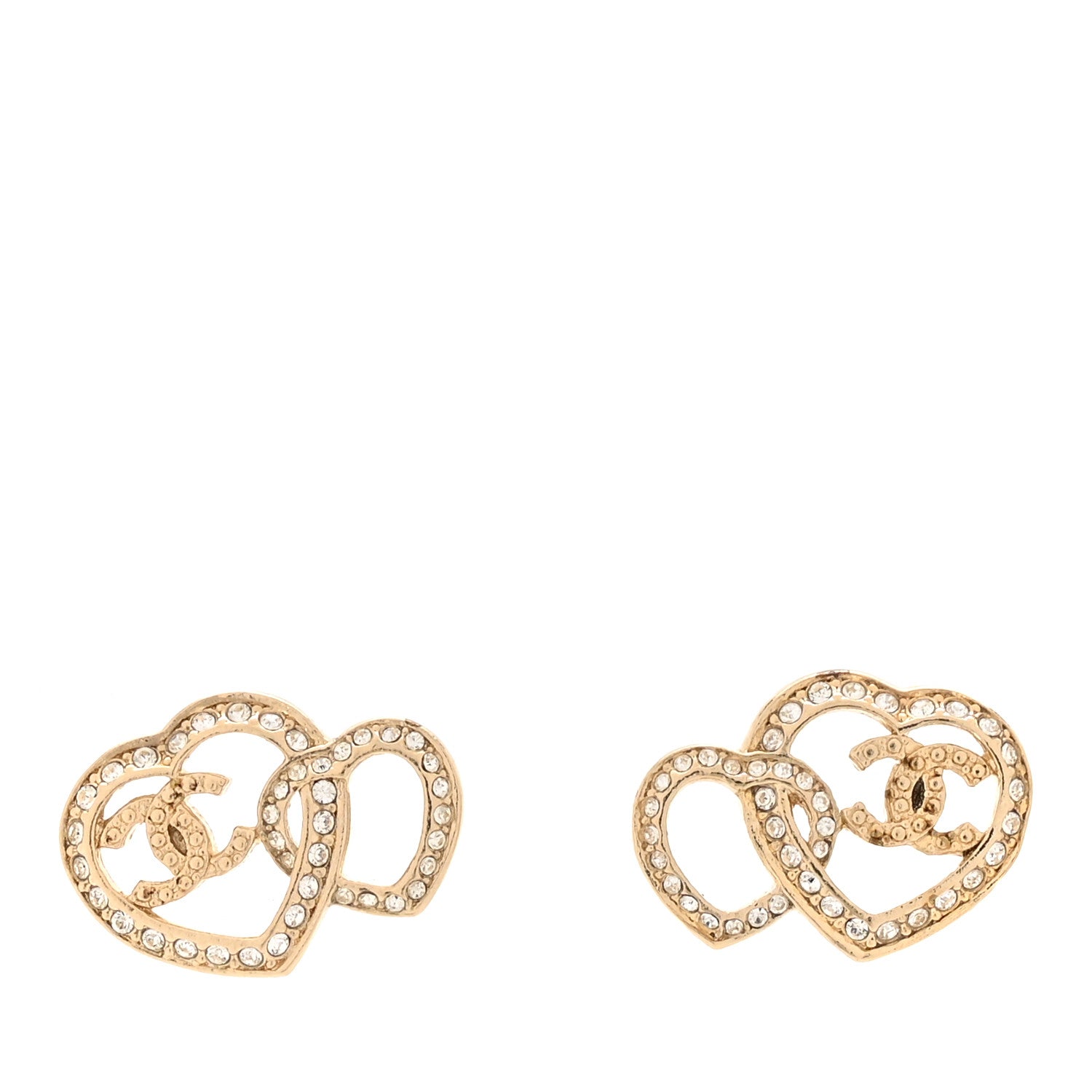 Chanel Crystal Metal CC Double Heart Earrings Gold 1 of 4