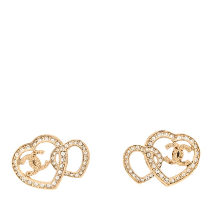 Chanel Crystal Metal CC Double Heart Earrings Gold 1 of 4
