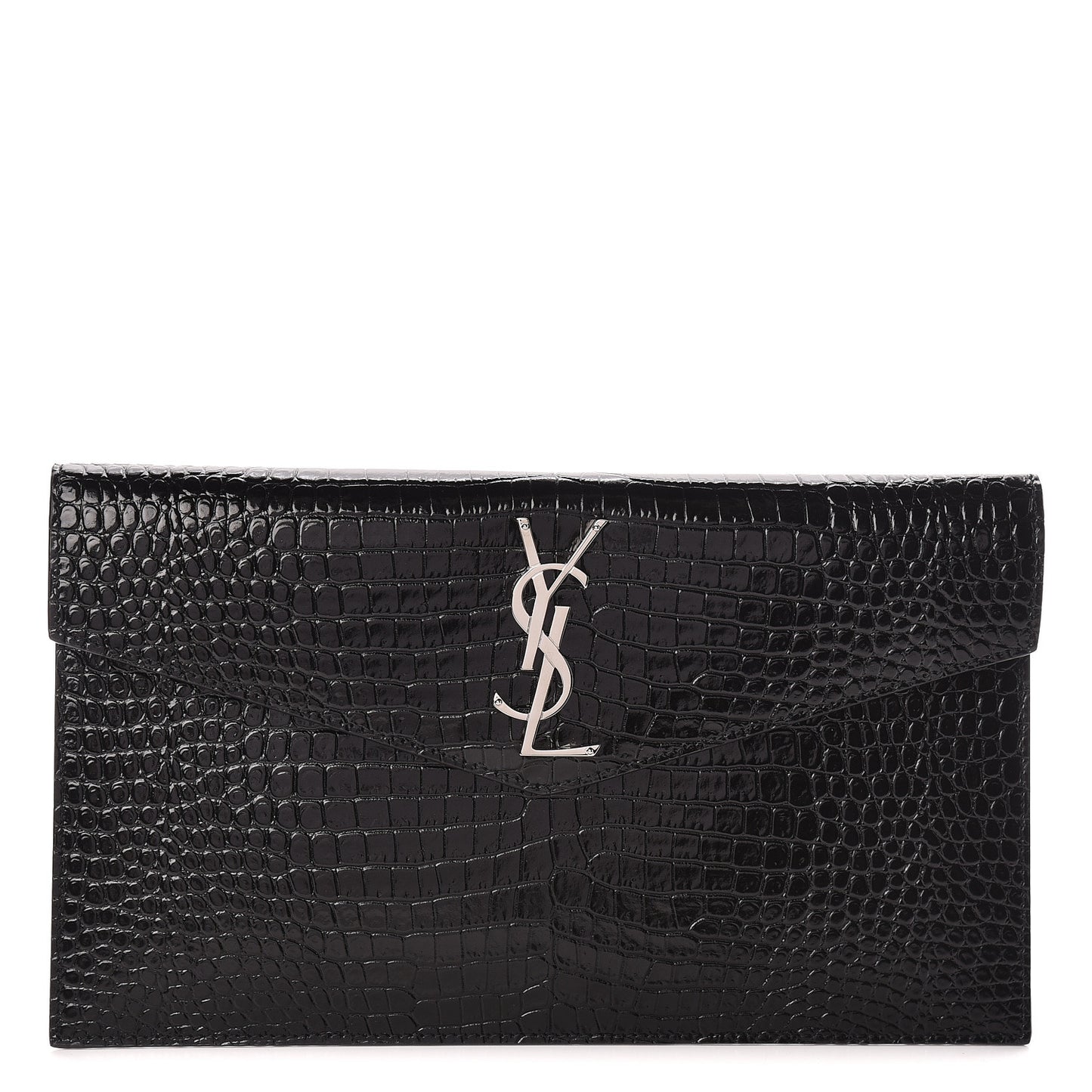 Calfskin Crocodile Embossed Uptown Monogram Clutch Black