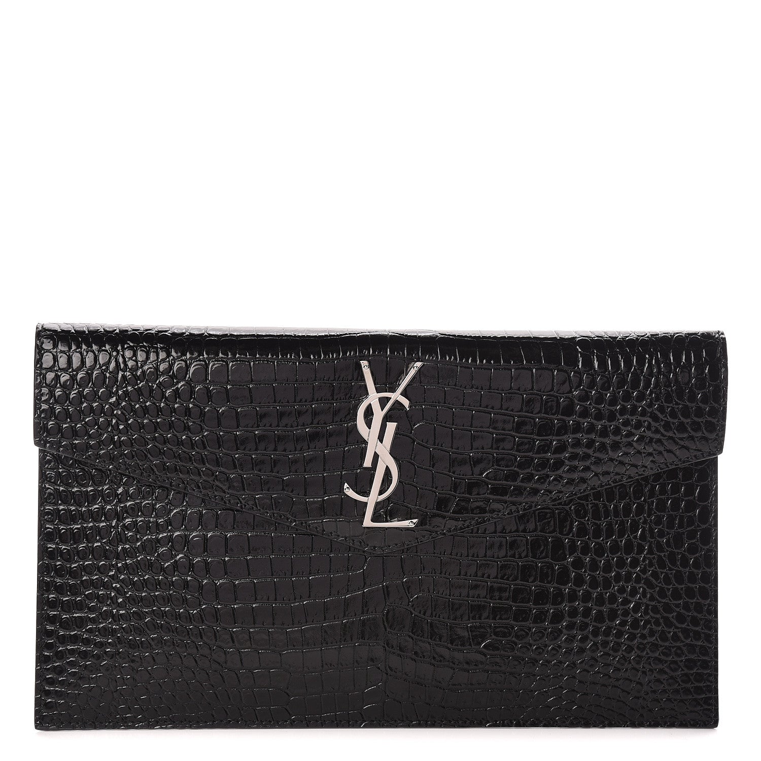 Saint Laurent Calfskin Crocodile Embossed Uptown Monogram Clutch Black 1 of 7