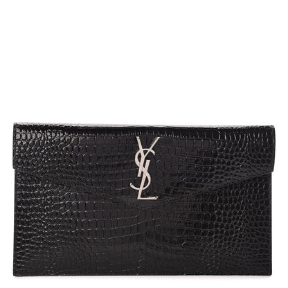 Saint Laurent Calfskin Crocodile Embossed Uptown Monogram Clutch Black 1 of 7