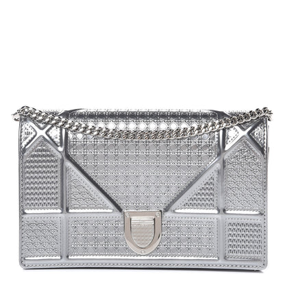 Christian Dior Metallic Patent Micro-Cannage Diorama Wallet on Chain Pouch Silver 1 of 11