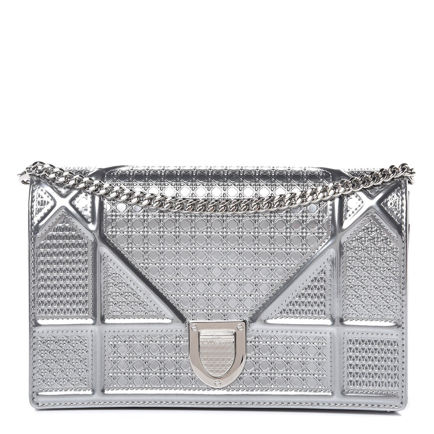 Metallic Patent Micro-Cannage Diorama Wallet on Chain Pouch Silver